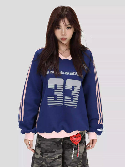 Striped Sporty V-Neck Crewneck Korean Street Fashion Crewneck By INS Korea Shop Online at OH Vault