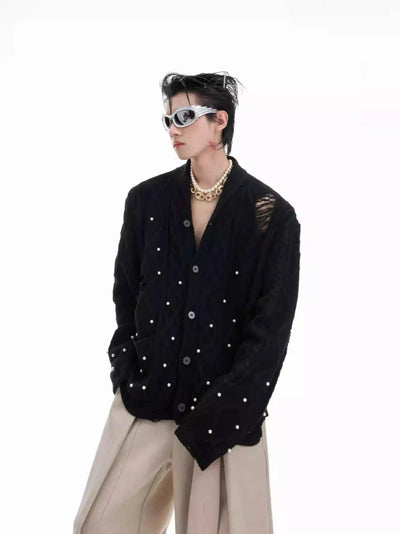 Distressed Pearl Detail Knit Cardigan Korean Street Fashion Cardigan By Argue Culture Shop Online at OH Vault