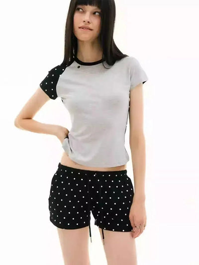 Polka Dots Contrast Cropped T-Shirt Korean Street Fashion T-Shirt By Funky Fun Shop Online at OH Vault