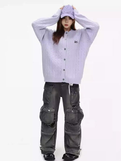 Logo Cable Knit Cardigan Korean Street Fashion Cardigan By INS Korea Shop Online at OH Vault