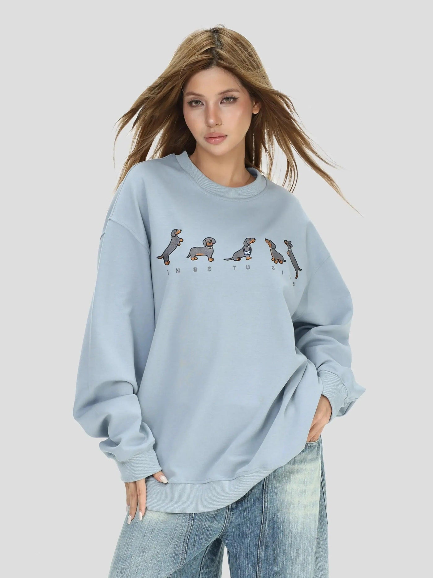 Dachshund Embroidery Crewneck Korean Street Fashion Crewneck By INS Korea Shop Online at OH Vault