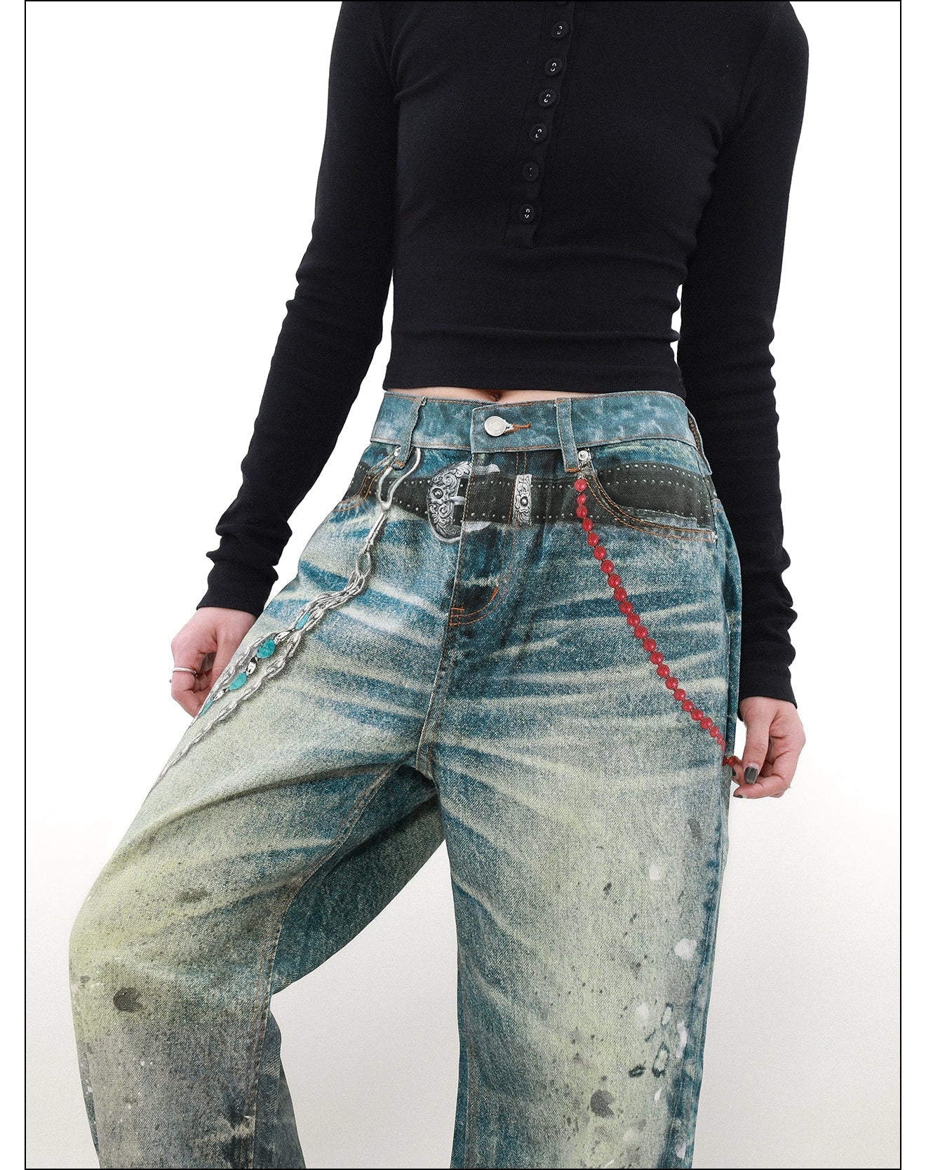 Ink Splashed Chain Detail Jeans Korean Street Fashion Jeans By Mr Nearly Shop Online at OH Vault