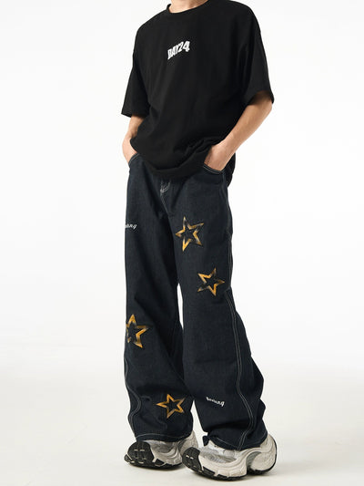 Lettered & Star Embroidery Jeans Korean Street Fashion Jeans By Ash Dark Shop Online at OH Vault