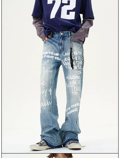 Light Wash Letter Print Jeans Korean Street Fashion Jeans By 77Flight Shop Online at OH Vault