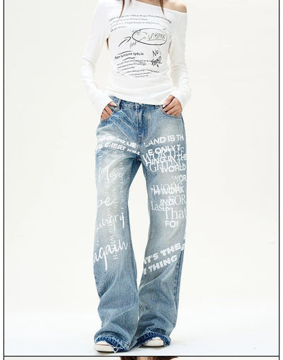 Light Wash Letter Print Jeans Korean Street Fashion Jeans By 77Flight Shop Online at OH Vault