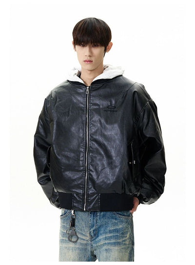 Logo Hooded Bomber PU Leather Jacket Korean Street Fashion Jacket By A PUEE Shop Online at OH Vault