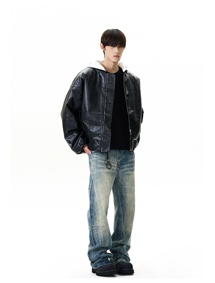 Logo Hooded Bomber PU Leather Jacket Korean Street Fashion Jacket By A PUEE Shop Online at OH Vault