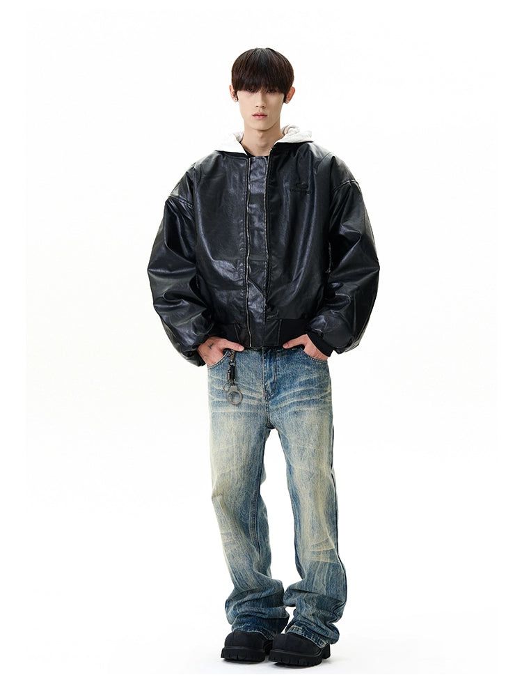 Logo Hooded Bomber PU Leather Jacket Korean Street Fashion Jacket By A PUEE Shop Online at OH Vault