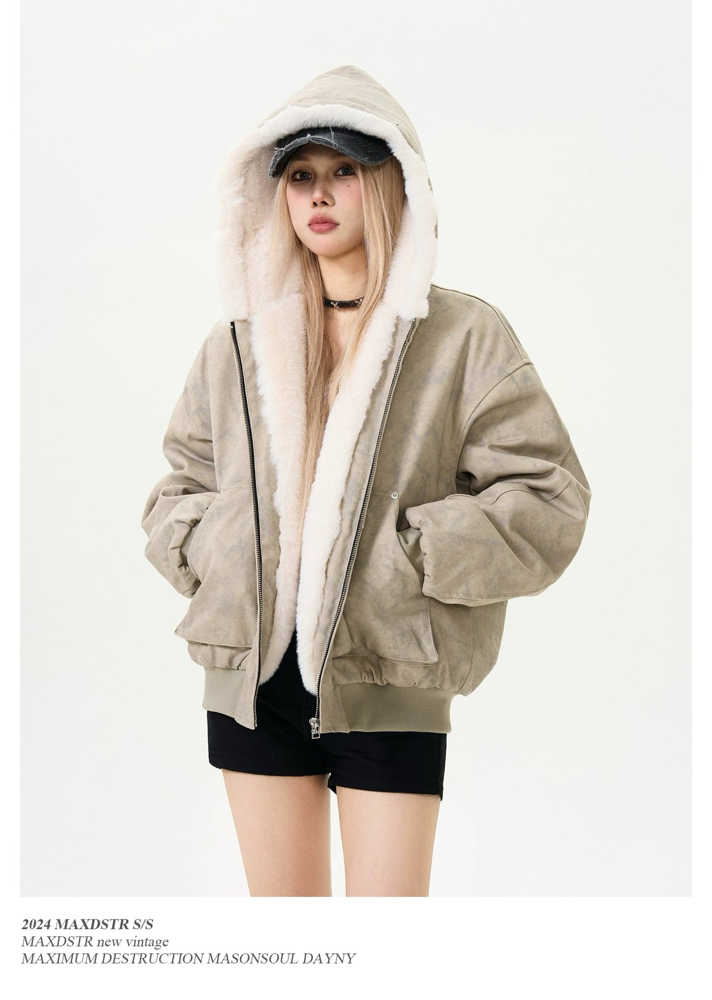 Marble Pattern Furry Trim Hooded Jacket Korean Street Fashion Jacket By MaxDstr Shop Online at OH Vault