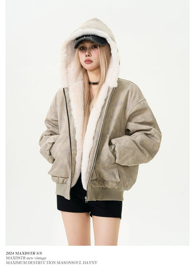 Marble Pattern Furry Trim Hooded Jacket Korean Street Fashion Jacket By MaxDstr Shop Online at OH Vault