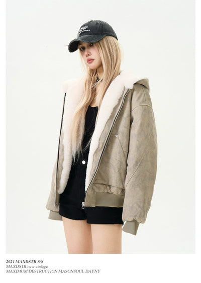 Marble Pattern Furry Trim Hooded Jacket Korean Street Fashion Jacket By MaxDstr Shop Online at OH Vault