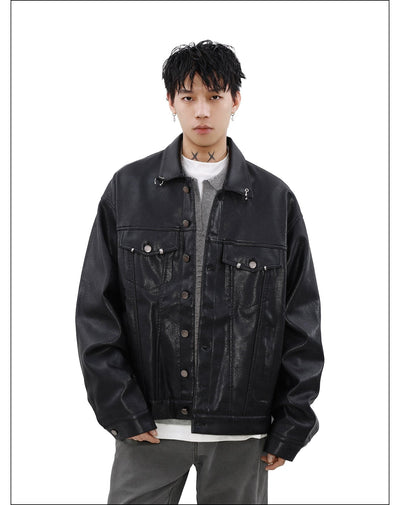 Metal Buttons Lapel PU Leather Jacket Korean Street Fashion Jacket By Mr Nearly Shop Online at OH Vault