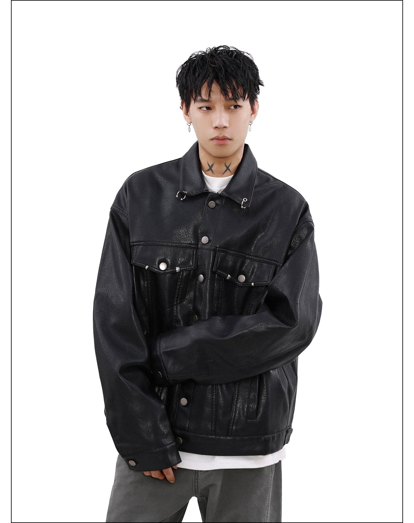 Metal Buttons Lapel PU Leather Jacket Korean Street Fashion Jacket By Mr Nearly Shop Online at OH Vault