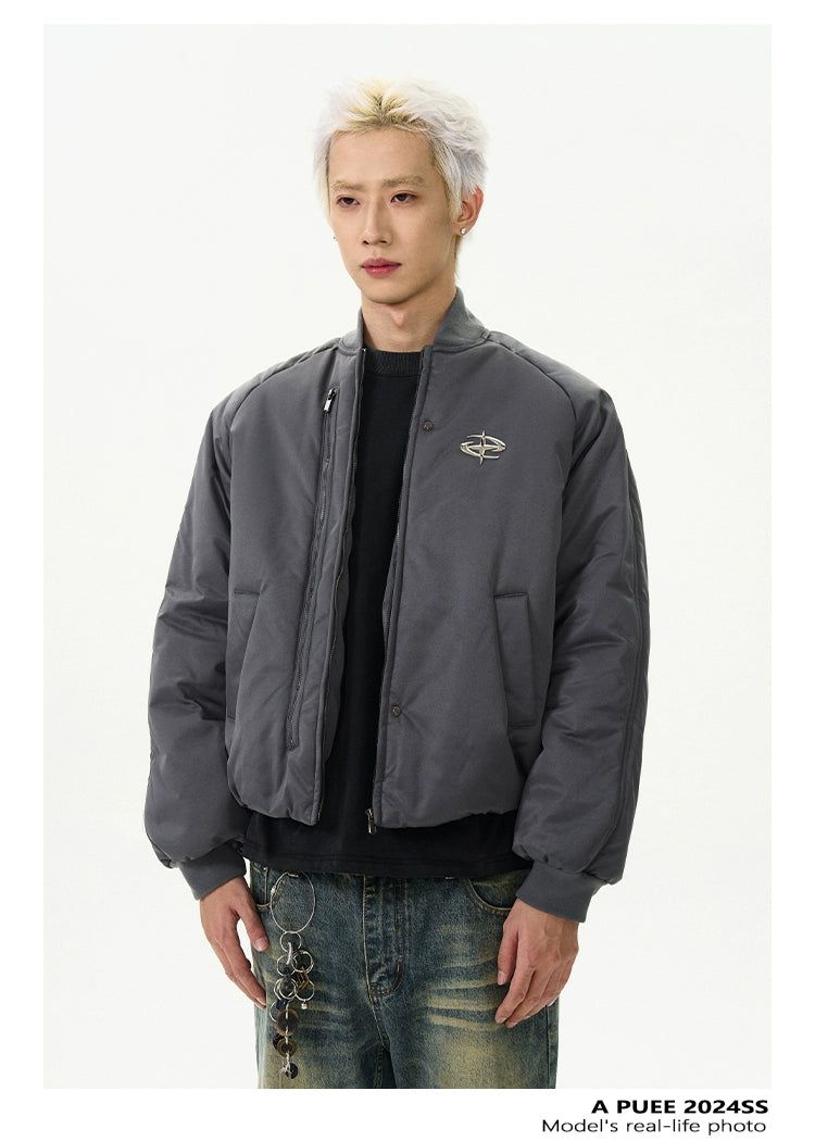 Metallic Logo Zipped Short Bomber Jacket Korean Street Fashion Jacket By A PUEE Shop Online at OH Vault