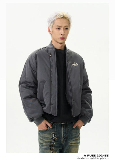 Metallic Logo Zipped Short Bomber Jacket Korean Street Fashion Jacket By A PUEE Shop Online at OH Vault