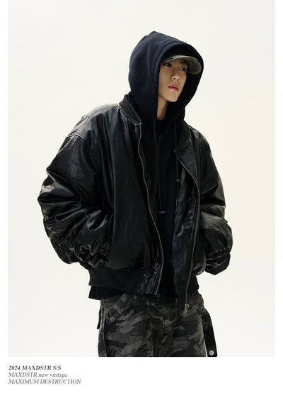 Layered & Hooded Bomber PU Leather Jacket Korean Street Fashion Jacket By MaxDstr Shop Online at OH Vault