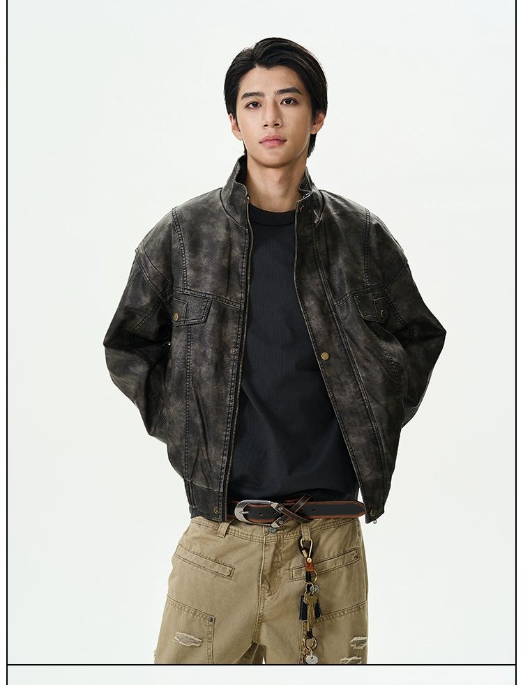 Mottled Zip-Up PU Leather Jacket Korean Street Fashion Jacket By 77Flight Shop Online at OH Vault