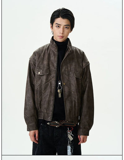 Mottled Zip-Up PU Leather Jacket Korean Street Fashion Jacket By 77Flight Shop Online at OH Vault