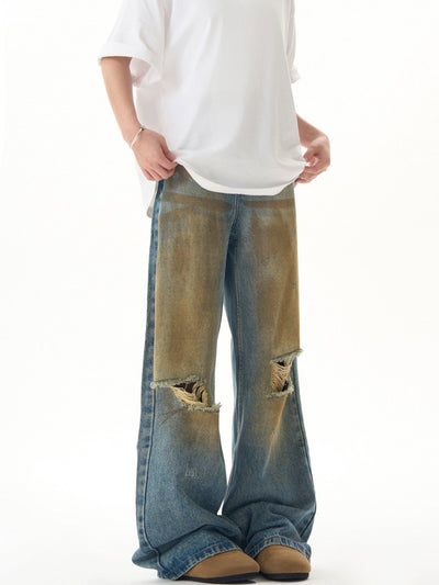 Mud Dyed Ripped Knee Jeans Korean Street Fashion Jeans By Ash Dark Shop Online at OH Vault