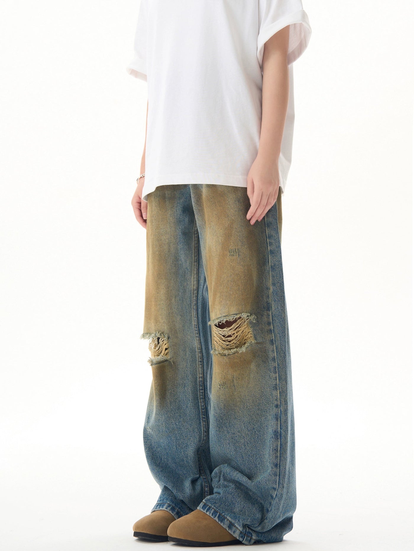 Mud Dyed Ripped Knee Jeans Korean Street Fashion Jeans By Ash Dark Shop Online at OH Vault