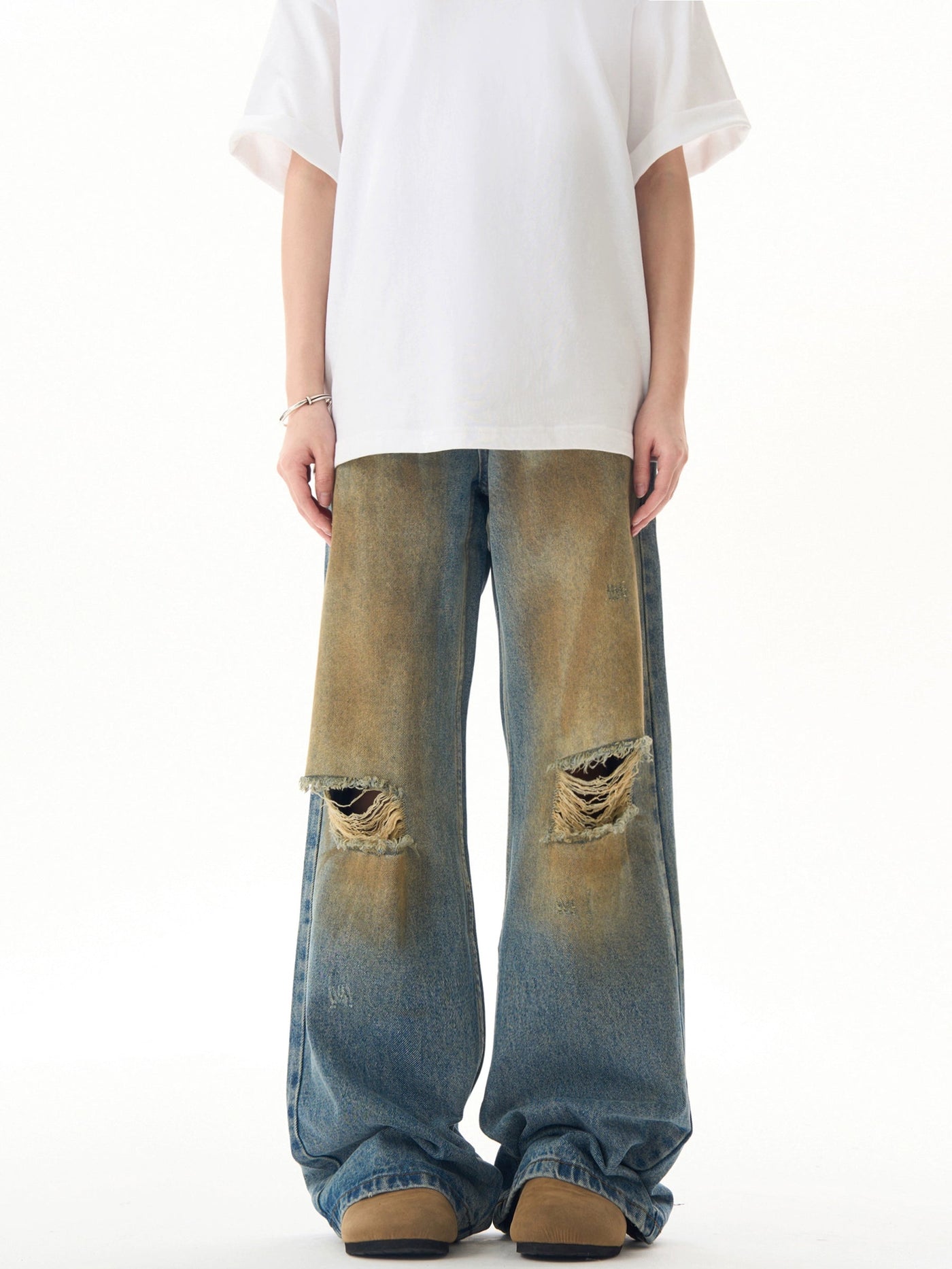 Mud Dyed Ripped Knee Jeans Korean Street Fashion Jeans By Ash Dark Shop Online at OH Vault