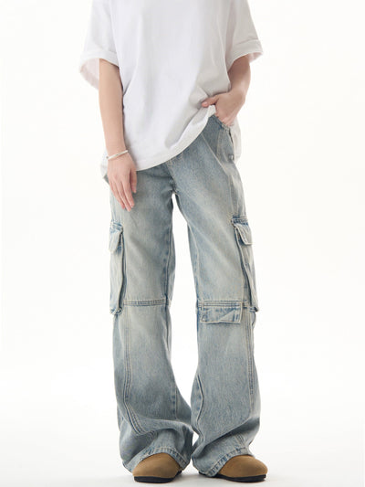 Multi-Seams Faded Cargo Jeans Korean Street Fashion Jeans By Ash Dark Shop Online at OH Vault