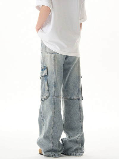 Multi-Seams Faded Cargo Jeans Korean Street Fashion Jeans By Ash Dark Shop Online at OH Vault