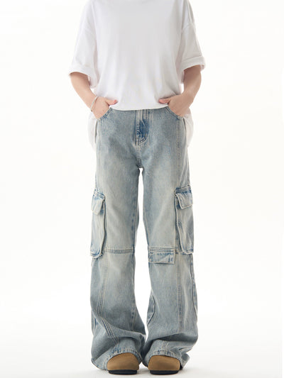 Multi-Seams Faded Cargo Jeans Korean Street Fashion Jeans By Ash Dark Shop Online at OH Vault