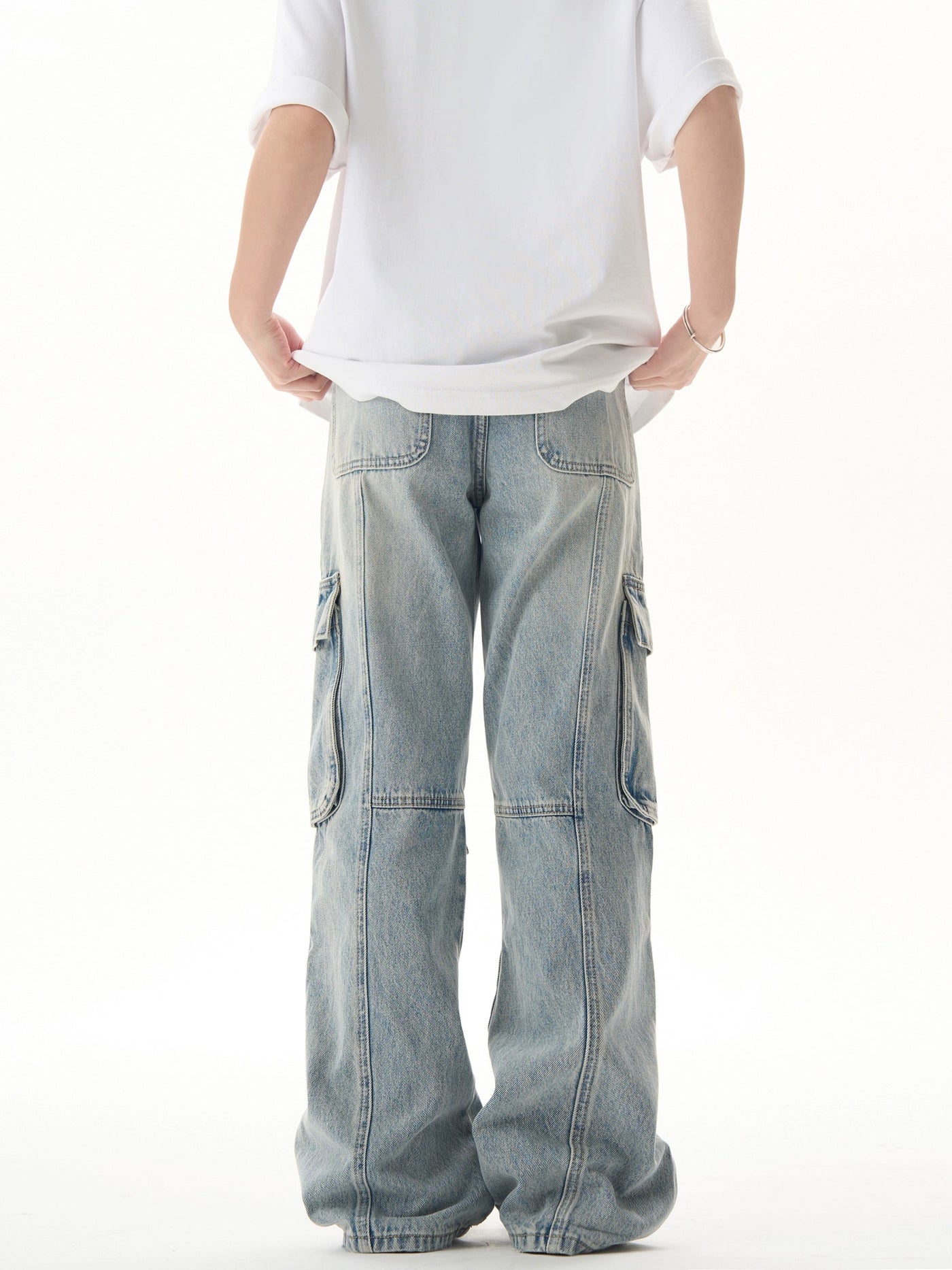 Multi-Seams Faded Cargo Jeans Korean Street Fashion Jeans By Ash Dark Shop Online at OH Vault