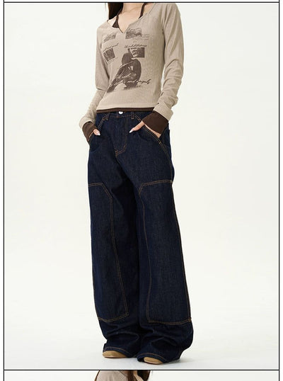 Multi-Seams Wide Leg Jeans Korean Street Fashion Jeans By 77Flight Shop Online at OH Vault