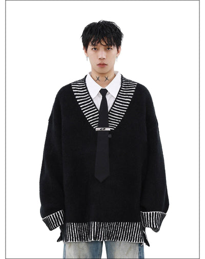 Oversized Contrast Detail V-Neck Sweater Korean Street Fashion Sweater By Mr Nearly Shop Online at OH Vault