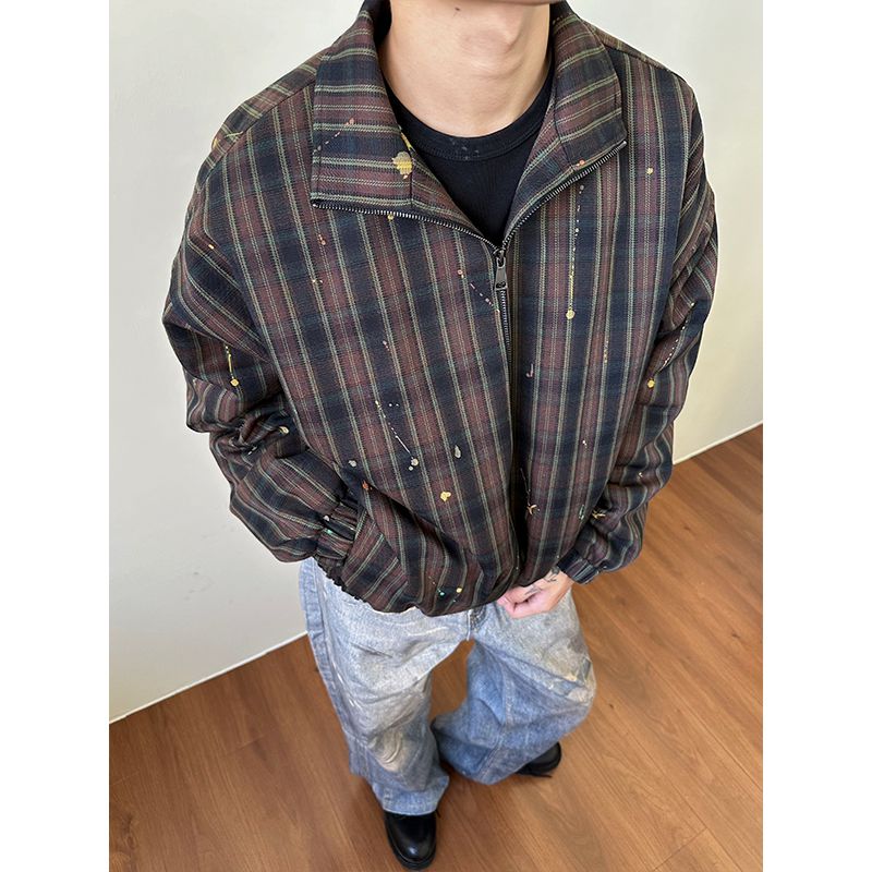 Plaid Ink-Splashed Short Jacket Korean Street Fashion Jacket By Made Extreme Shop Online at OH Vault