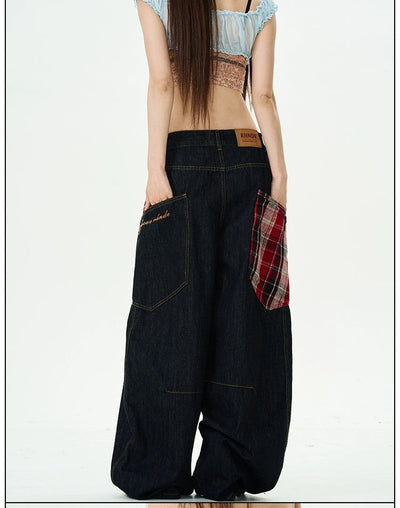 Plaid Patched Loose Jeans Korean Street Fashion Jeans By 77Flight Shop Online at OH Vault