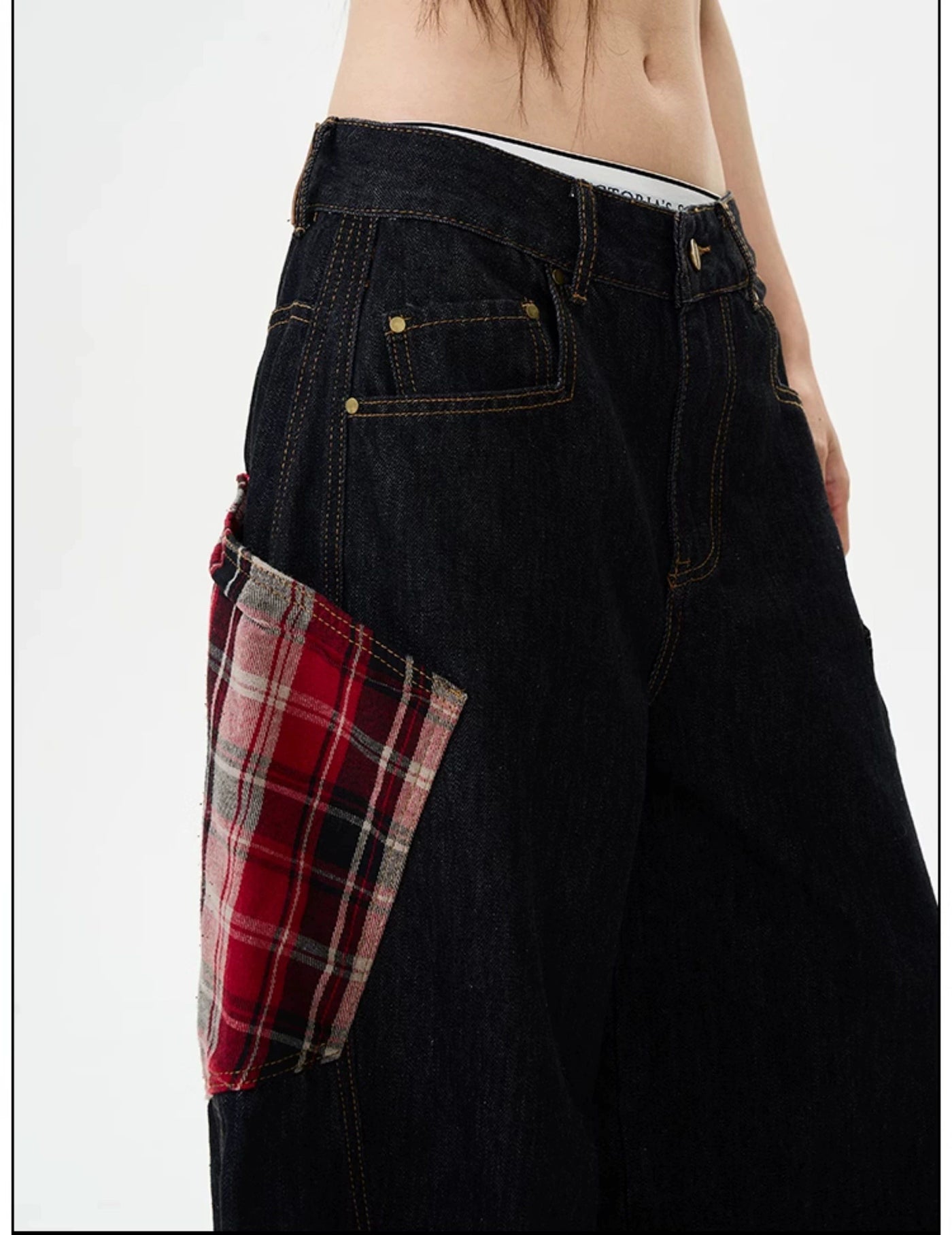 Plaid Patched Loose Jeans Korean Street Fashion Jeans By 77Flight Shop Online at OH Vault