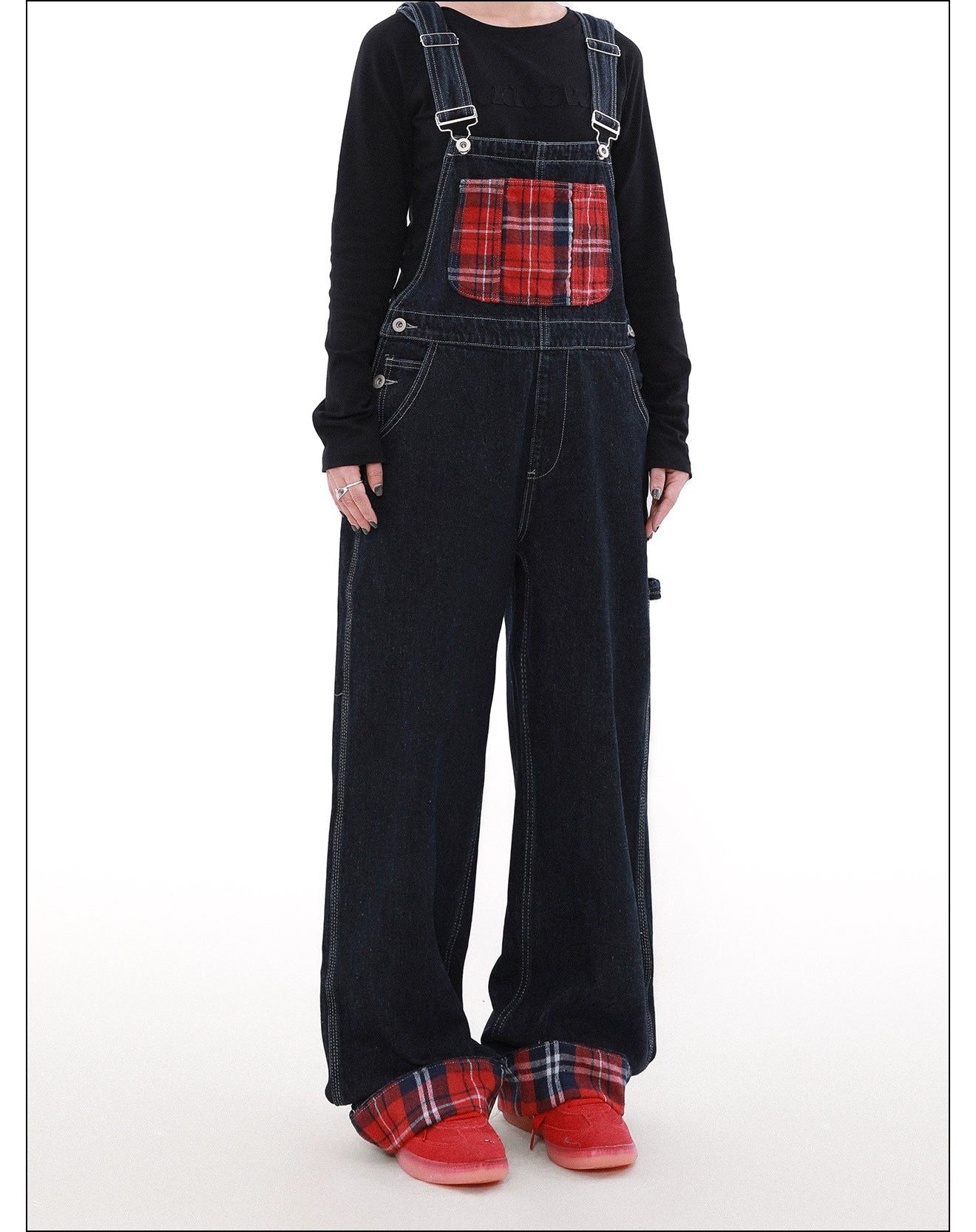 Plaid Stitched Rolled-Up Overall Korean Street Fashion Overall By Mr Nearly Shop Online at OH Vault