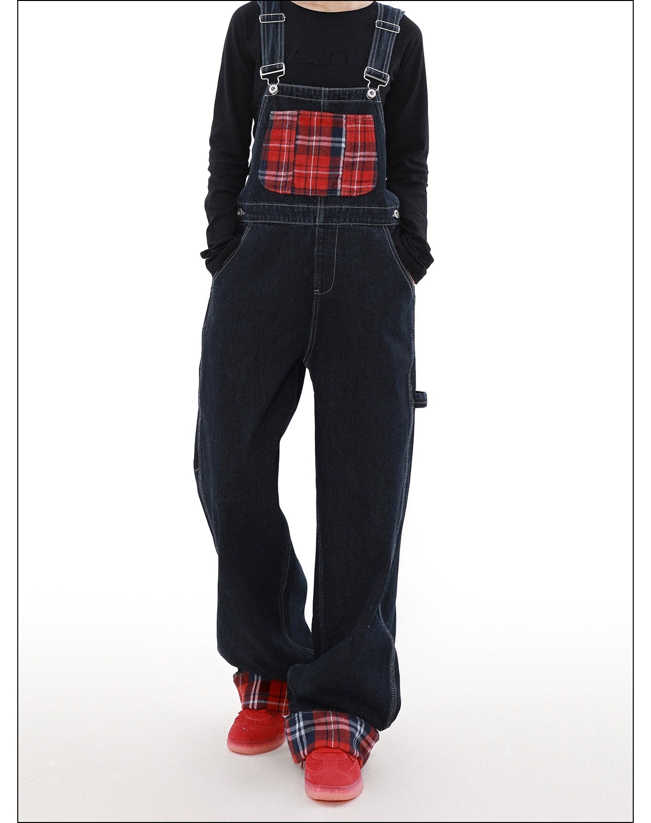 Plaid Stitched Rolled-Up Overall Korean Street Fashion Overall By Mr Nearly Shop Online at OH Vault