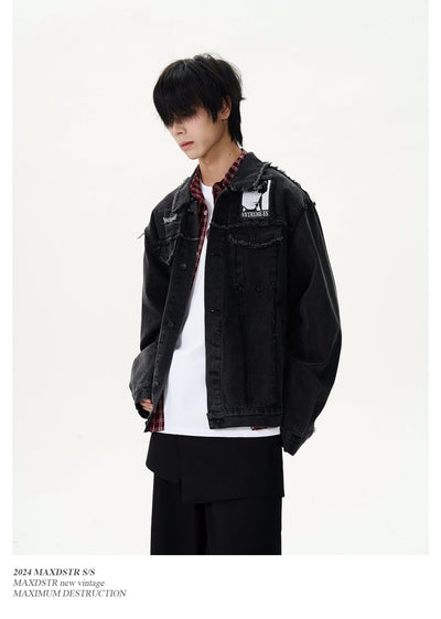 Raw Edge Patch Lapel Denim Jacket Korean Street Fashion Jacket By MaxDstr Shop Online at OH Vault