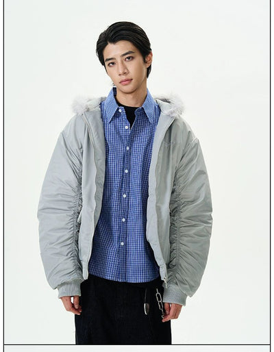 Ruched Fur Collar Hooded Jacket Korean Street Fashion Jacket By 77Flight Shop Online at OH Vault