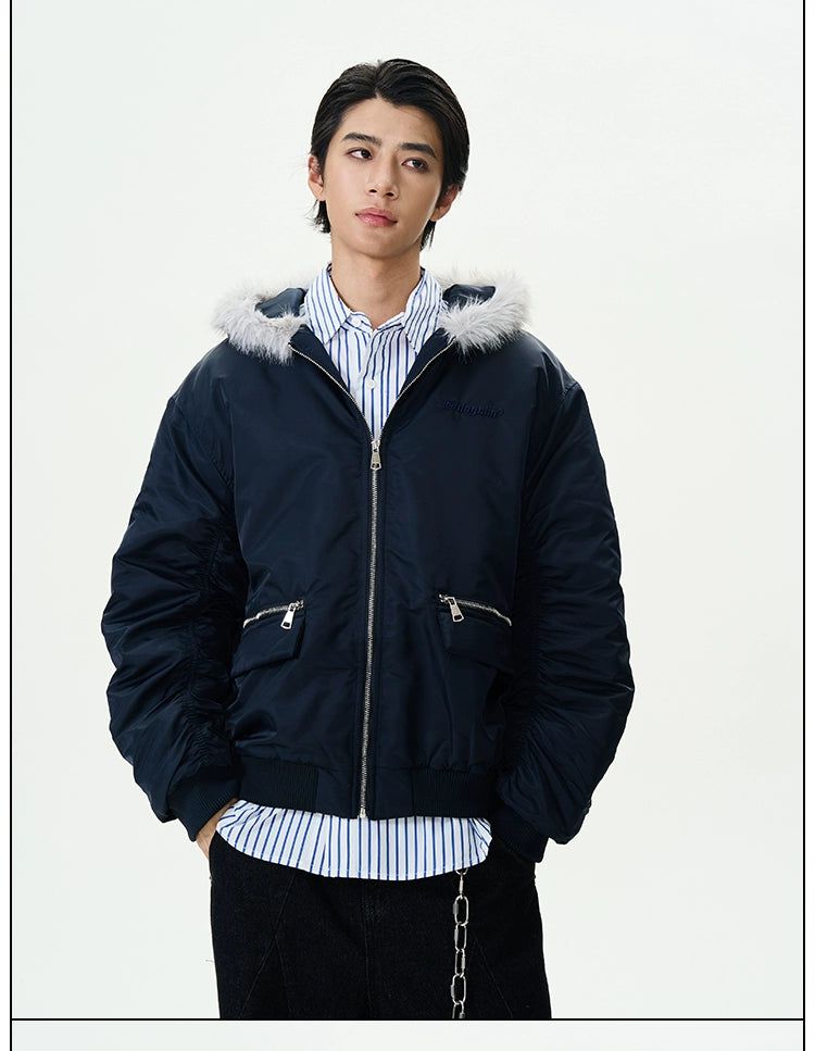 Ruched Fur Collar Hooded Jacket Korean Street Fashion Jacket By 77Flight Shop Online at OH Vault