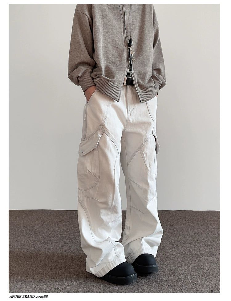 Spliced Cut Detail Flared Cargo Pants Korean Street Fashion Pants By A PUEE Shop Online at OH Vault