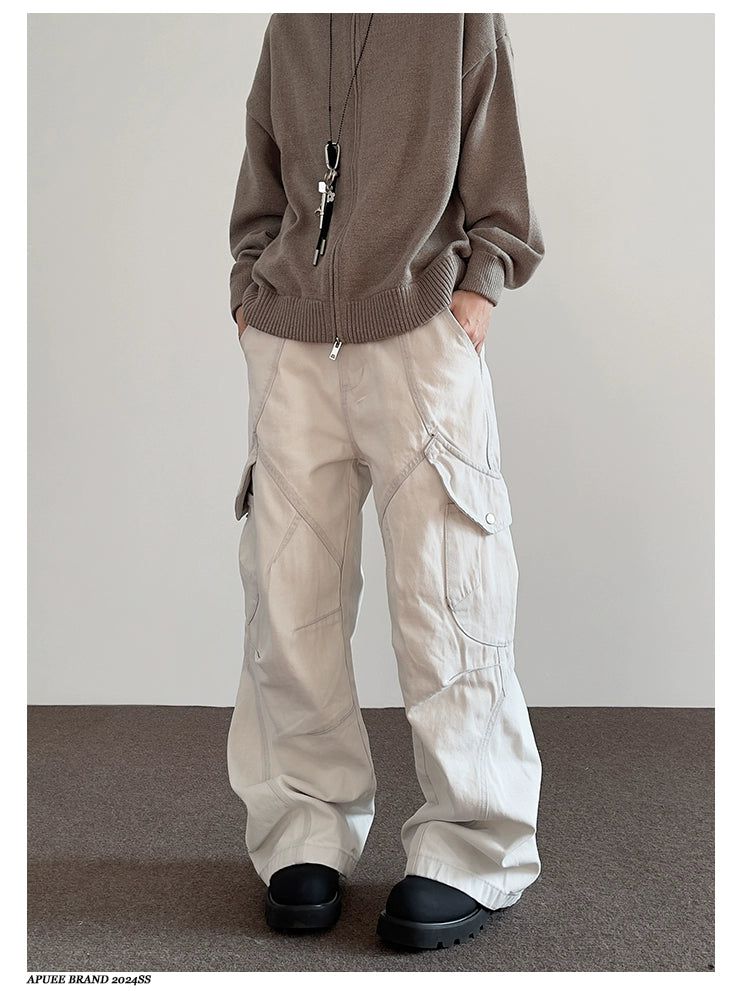 Spliced Cut Detail Flared Cargo Pants Korean Street Fashion Pants By A PUEE Shop Online at OH Vault