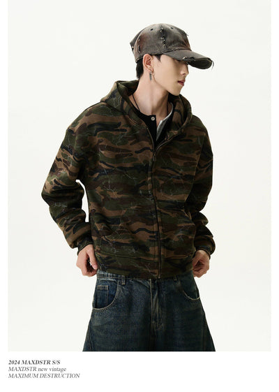 Stained Camouflage Zip-Up Hoodie Korean Street Fashion Hoodie By MaxDstr Shop Online at OH Vault