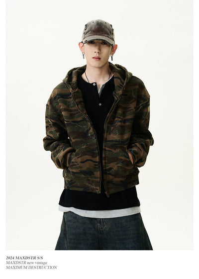 Stained Camouflage Zip-Up Hoodie Korean Street Fashion Hoodie By MaxDstr Shop Online at OH Vault