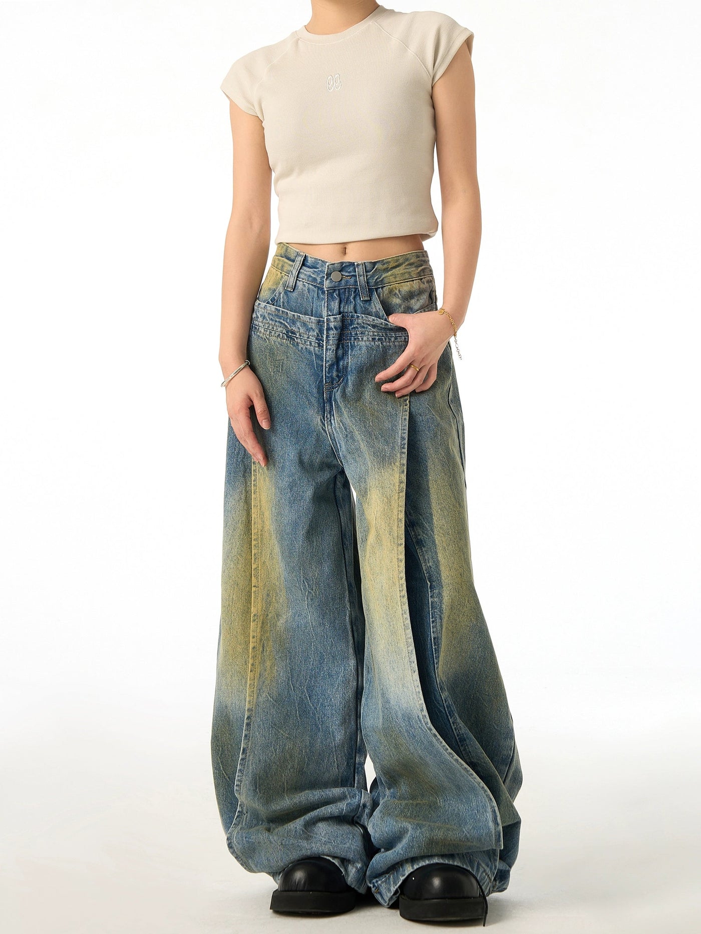 Stained Wide-Leg Jeans Korean Street Fashion Jeans By Ash Dark Shop Online at OH Vault