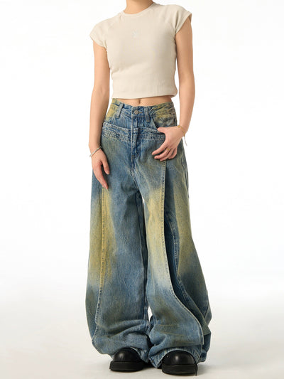 Stained Wide-Leg Jeans Korean Street Fashion Jeans By Ash Dark Shop Online at OH Vault