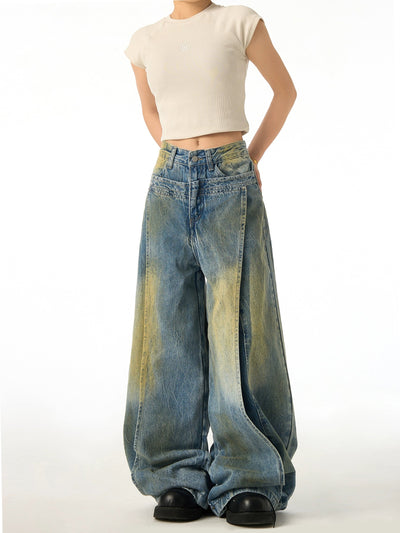 Stained Wide-Leg Jeans Korean Street Fashion Jeans By Ash Dark Shop Online at OH Vault