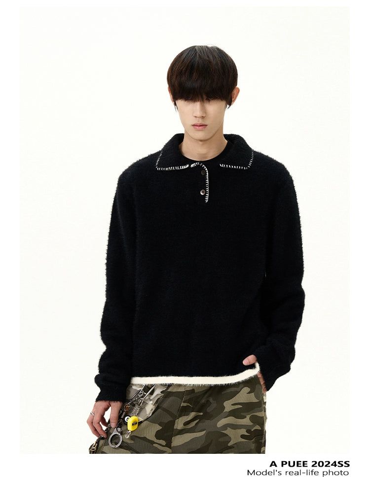 Stitched Fuzzy Knit Polo Korean Street Fashion Polo By A PUEE Shop Online at OH Vault