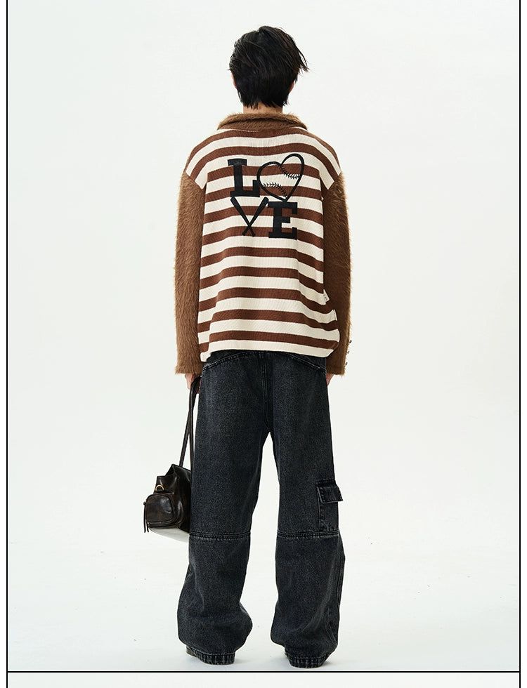 Striped Fur Detail Sweater Korean Street Fashion Sweater By 77Flight Shop Online at OH Vault