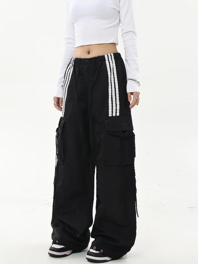 Three-Bar Contrast Drawstring Cargo Pants Korean Street Fashion Pants By Blacklists Shop Online at OH Vault