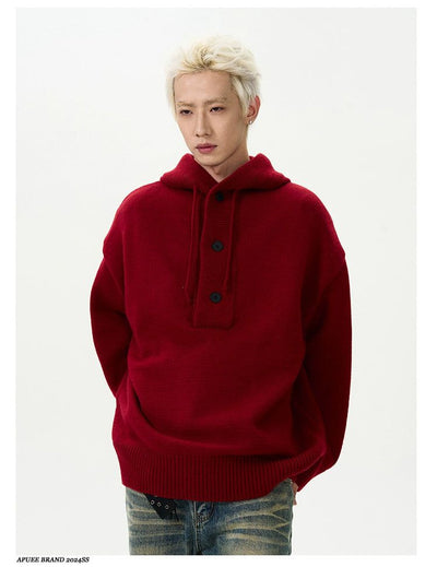 Three-Buttons Drawstring Knit Hoodie Korean Street Fashion Hoodie By A PUEE Shop Online at OH Vault